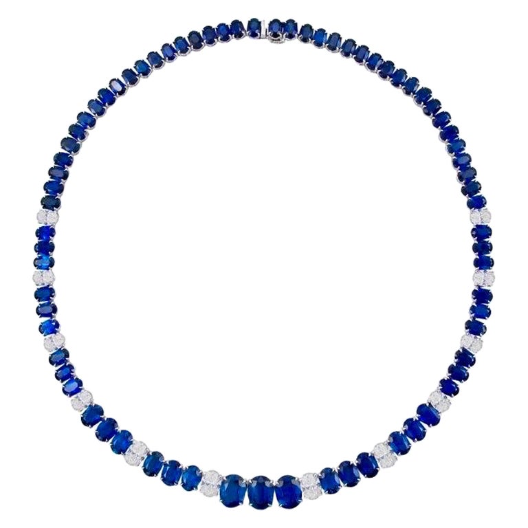 Emilio Jewelry Gia Certified 57.00 Carat Oval Sapphire Diamond Necklace For Sale