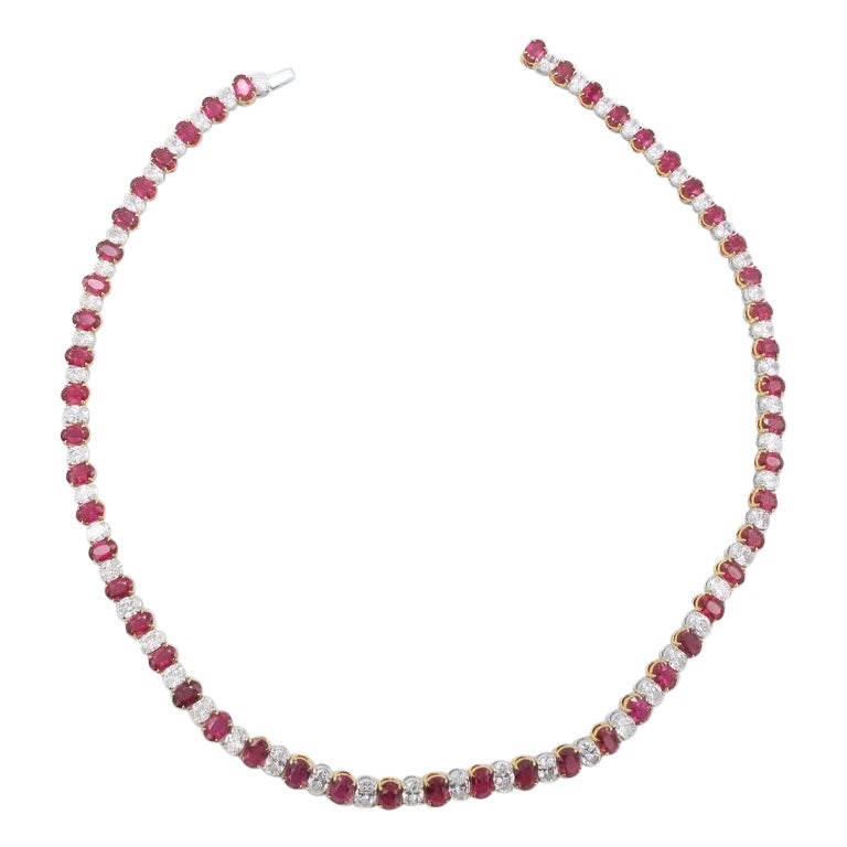 Emilio Jewelry 42.00 Carat Oval Ruby Diamond Riviera Necklace For Sale