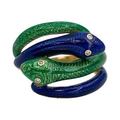 Antique Victorian 18 Karat Gold Guilloche Blue Green Enamel Diamond Double Snake Ring