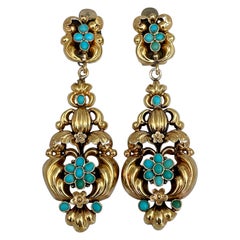 Georgian 18 Karat Yellow Gold Turquoise Large Chandelier Clip on Earrings