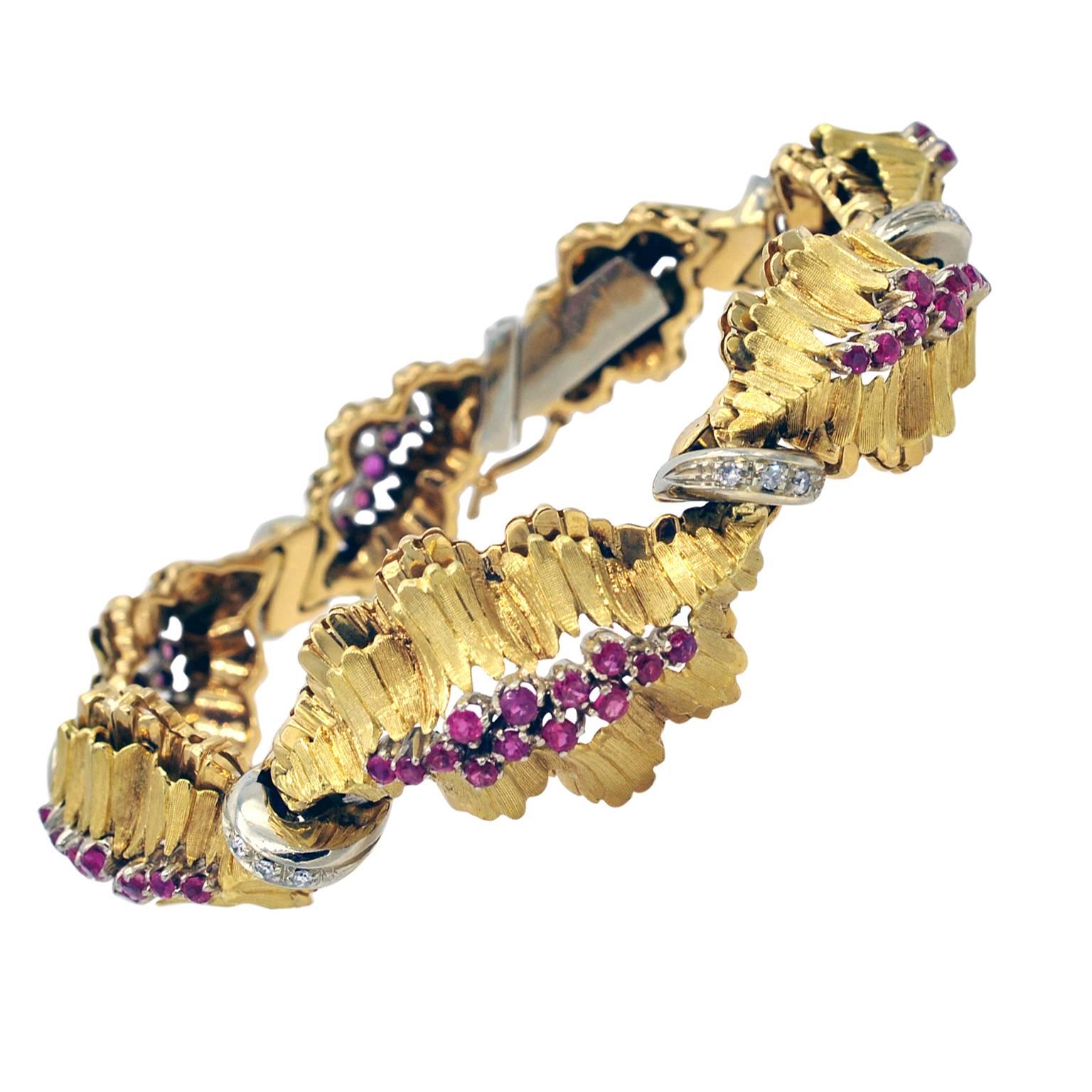1950s Ruby Diamond Two Color Gold Bracelet