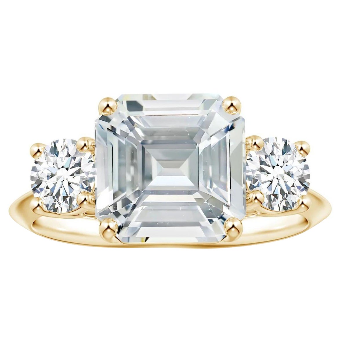 For Sale:  Angara Three Stone Gia Certified Emerald-Cut White Sapphire Ring in Yellow Gold