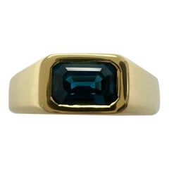 Untreated Deep Teal Blue Emerald Cut Sapphire 18k Yellow Gold Signet Style Ring
