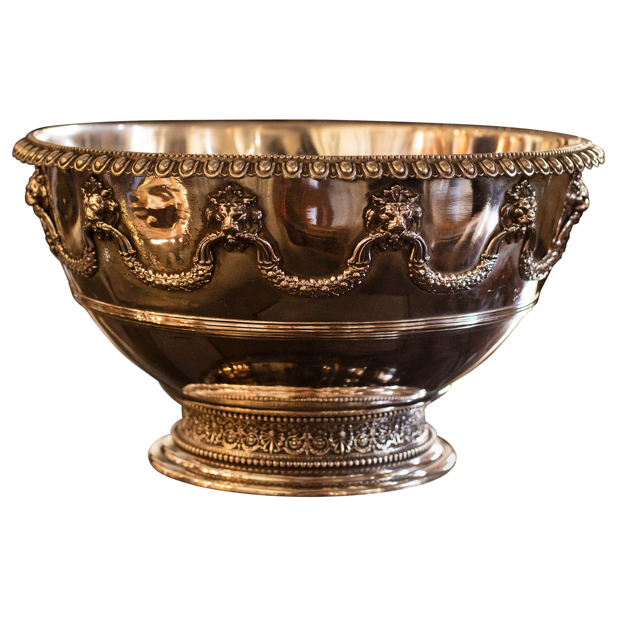 Silver on copper Rose Bowl with Lions decoration For Sale