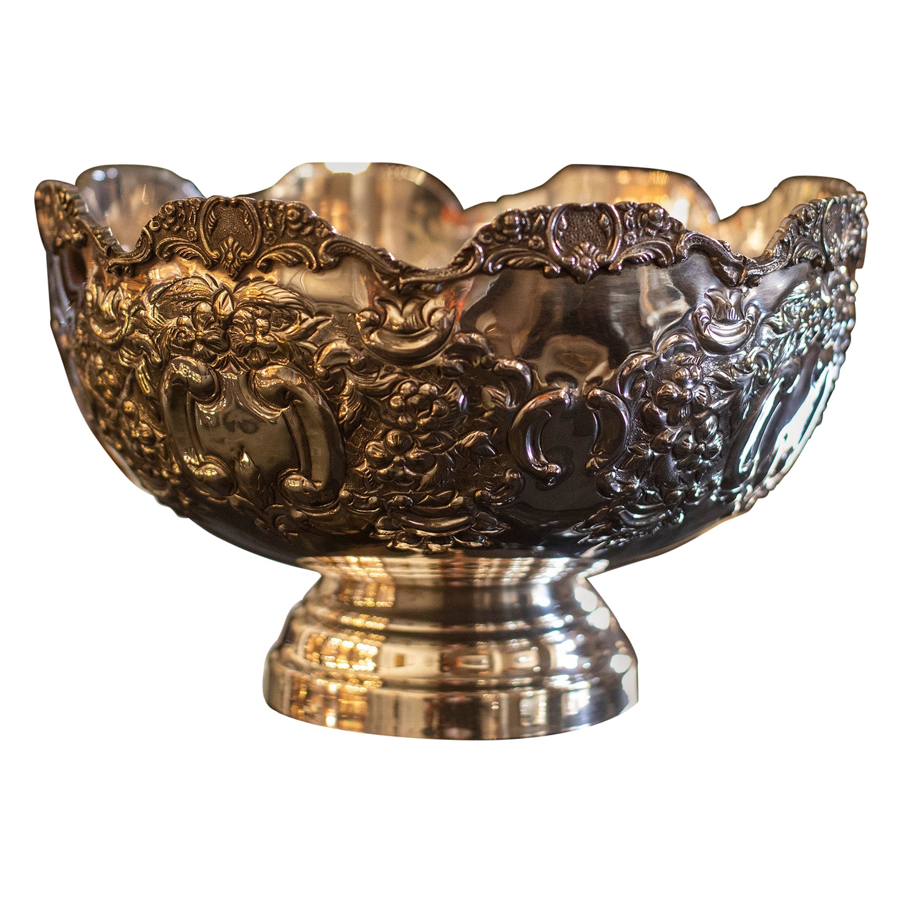 Silver Plated Rose Bowl with Baroque Flower Decoration For Sale