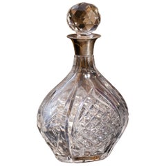 Mid-Century Crystal Liquor Decanter Bottle with silver detail