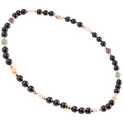 Retro Coral Black Onyx Quartz Pearl Gold Necklace