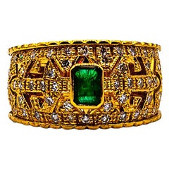 Art Deco Style Emerald Cut Emerald White Diamond Yellow Gold Cocktail Ring