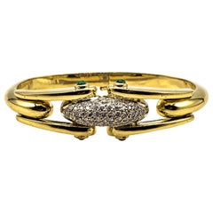 Art Deco Style White Brilliant Cut Diamond Emerald Yellow Gold Clamper Bracelet
