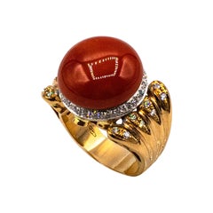 Art Deco Red Mediterranean Coral White Diamond Emerald Yellow Gold Cocktail Ring