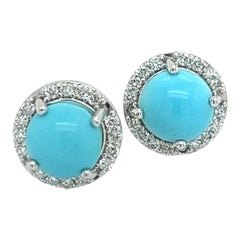 Clous d'oreilles en or blanc 14 carats avec turquoise naturelle et diamants certifiés TCW