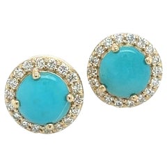 Clous d'oreilles en or jaune 14 carats avec turquoise naturelle certifiée TCW de 2,18 carats