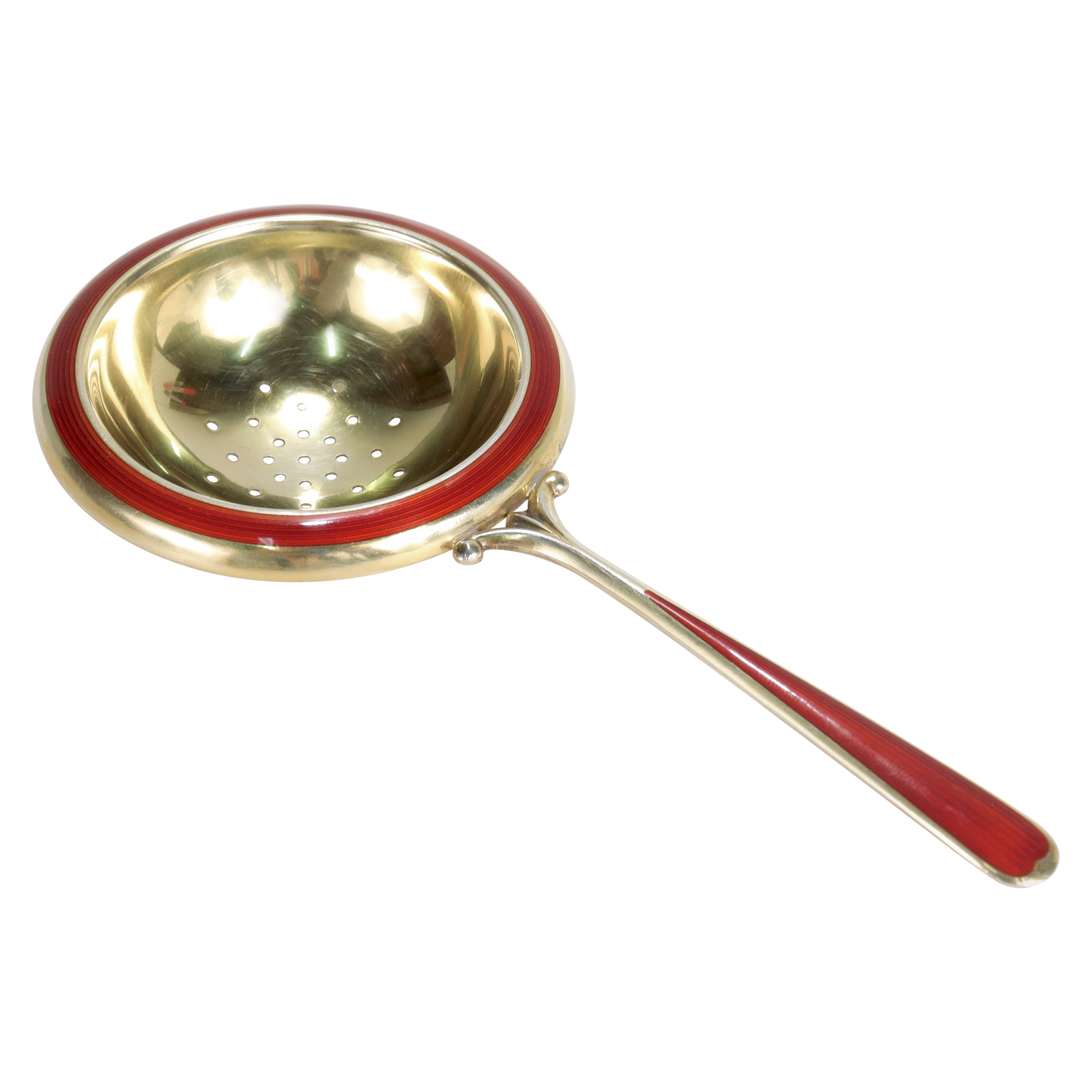 Antique Art Deco Red Enamel & Gilt Sterling Silver Tea Strainer by N.M. Thune For Sale
