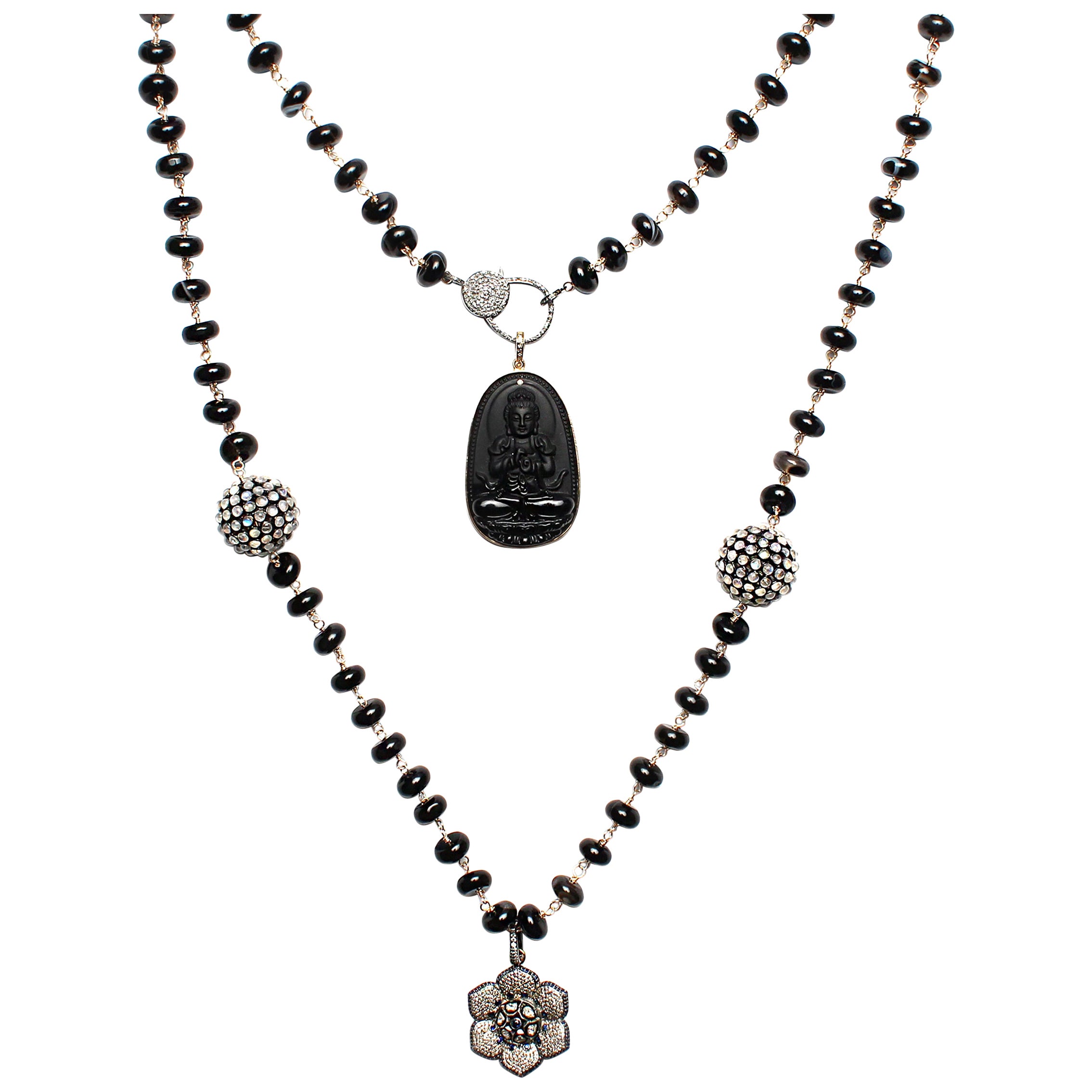 Clarissa Bronfman Black Agate Opal Diamond Rosary and Diamond Gold Buddha  For Sale at 1stDibs