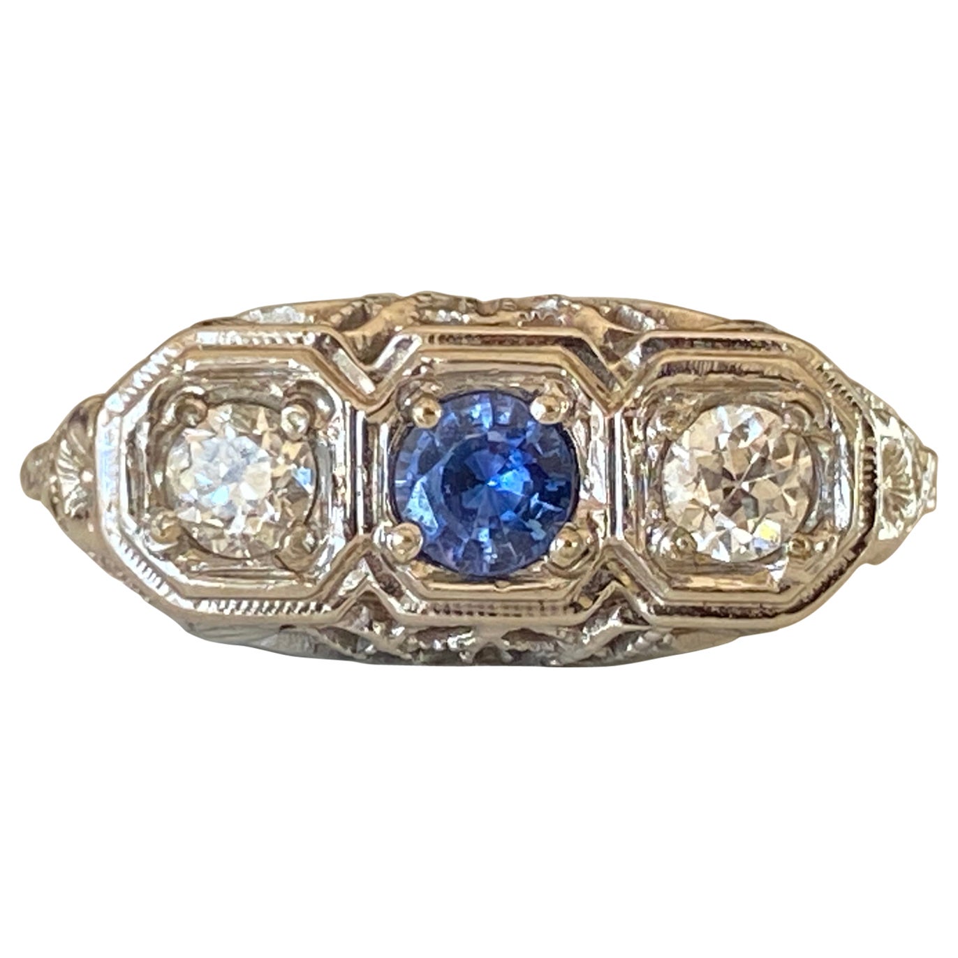 Art Deco Diamond and Sapphire Three-Stone Ring For Sale