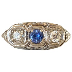 Retro Art Deco Diamond and Sapphire Three-Stone Ring