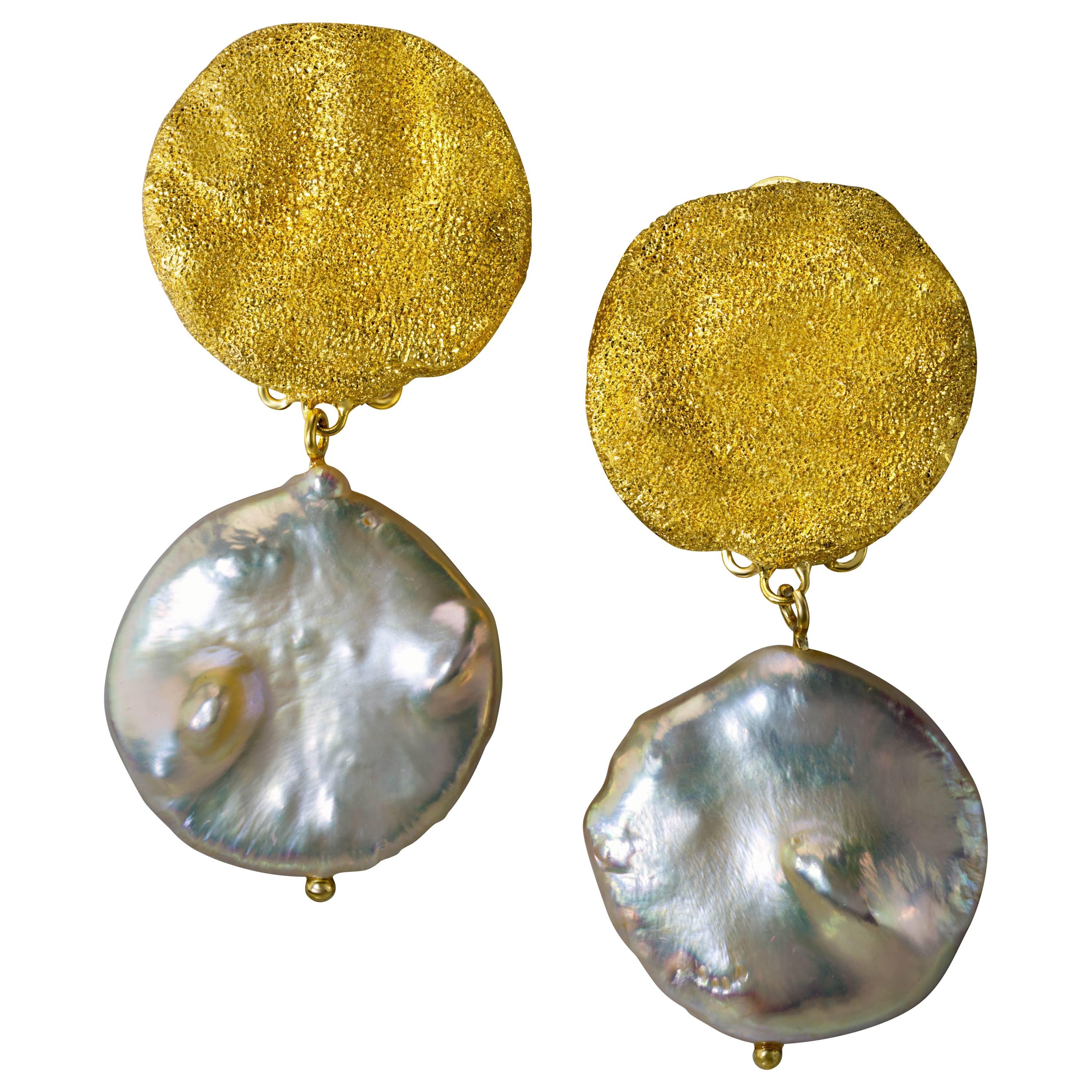 Silver & Gold Textured Drop Dangle Pearl Earrings. Handmade in NYC. 