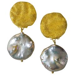Silver 
Gold Textured Drop Dangle Pearl Earrings. Handmade in NYC.