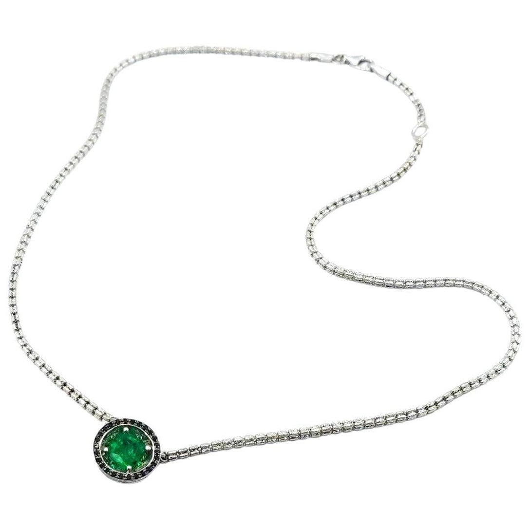 1.5 Carat Cushion Emerald Concave Mirror Black White Diamond Pendant