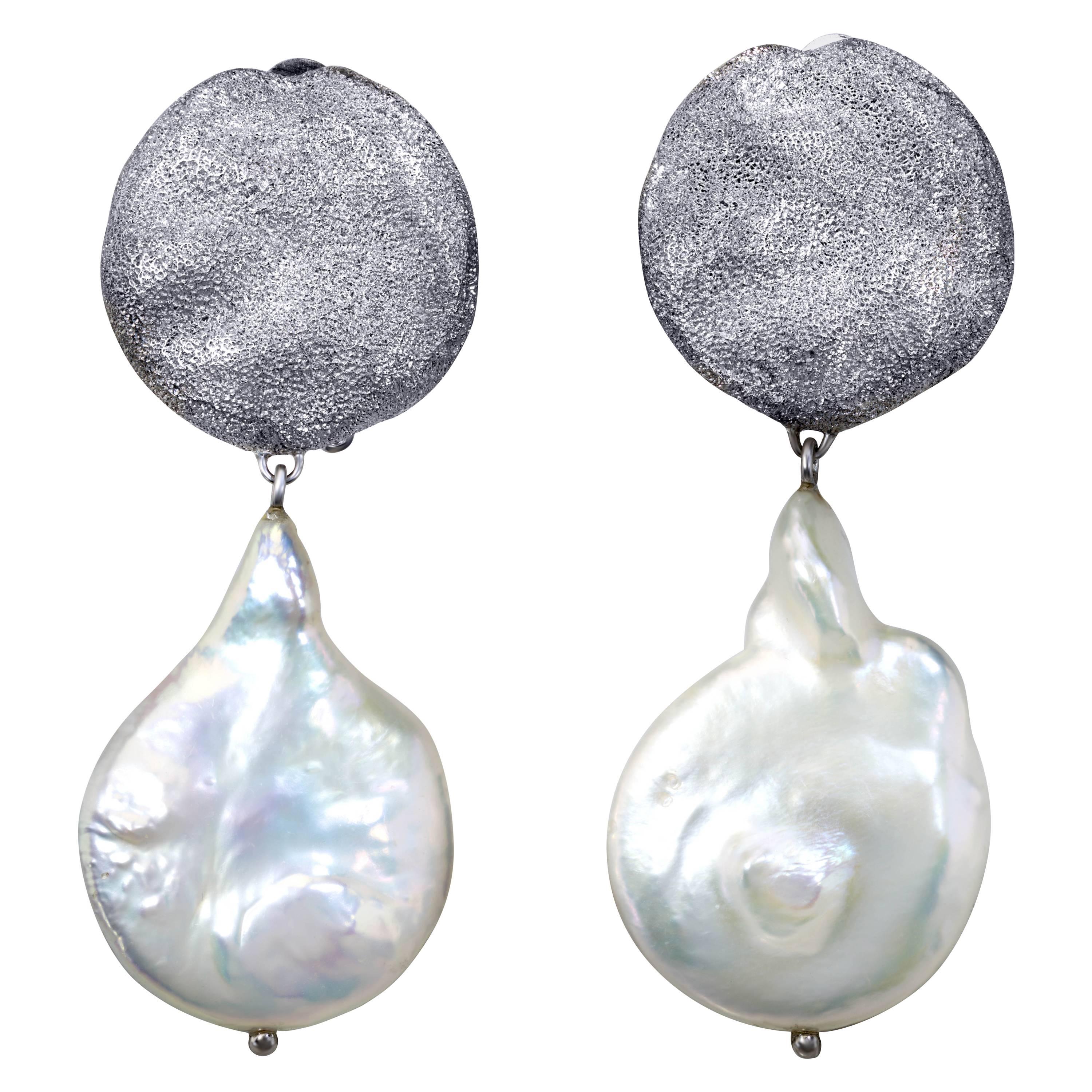 Silver and Platinum Textured Drop Dangle Pearl Earrings. Handmade in NYC.Ltd Ed.