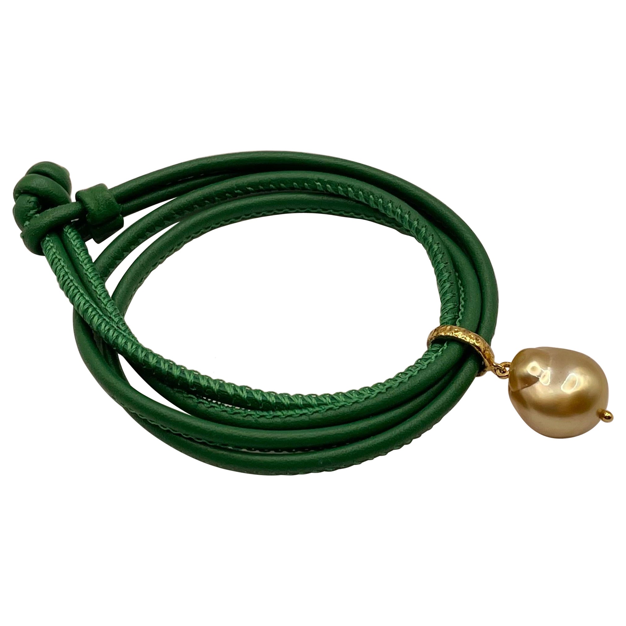 Yellow South Sea Pearl and Green Leather Bracelet by Julia Shlovsky For Sale