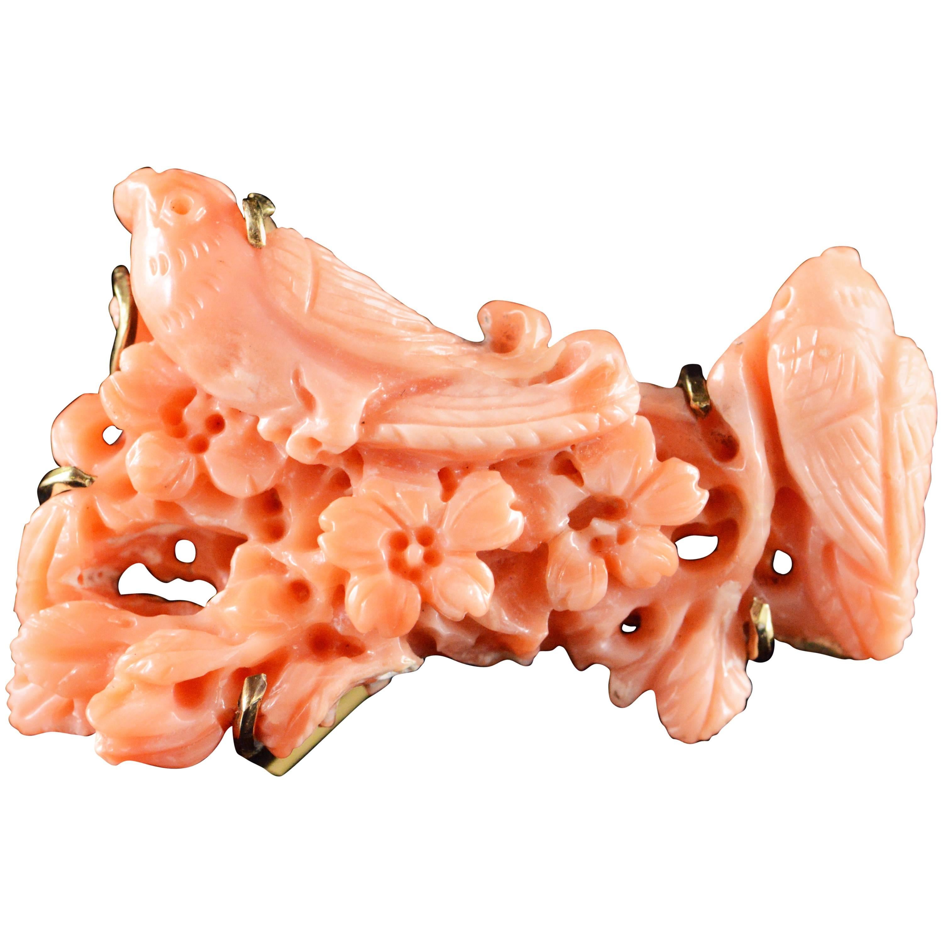 Carved Peach Coral Gold Birds and Flowers Brooch  For Sale
