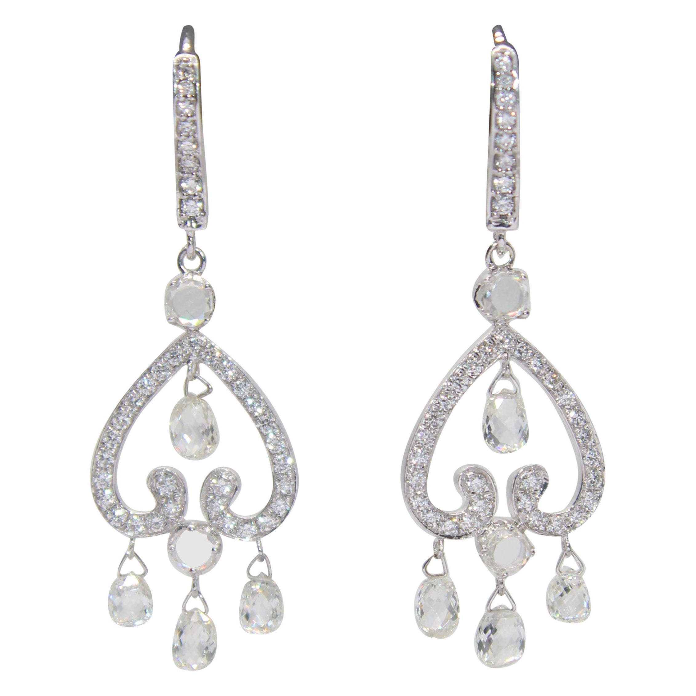 PANIM 3.51 Carat Diamond Briolette & Roundell 18K White Gold Earrings For Sale
