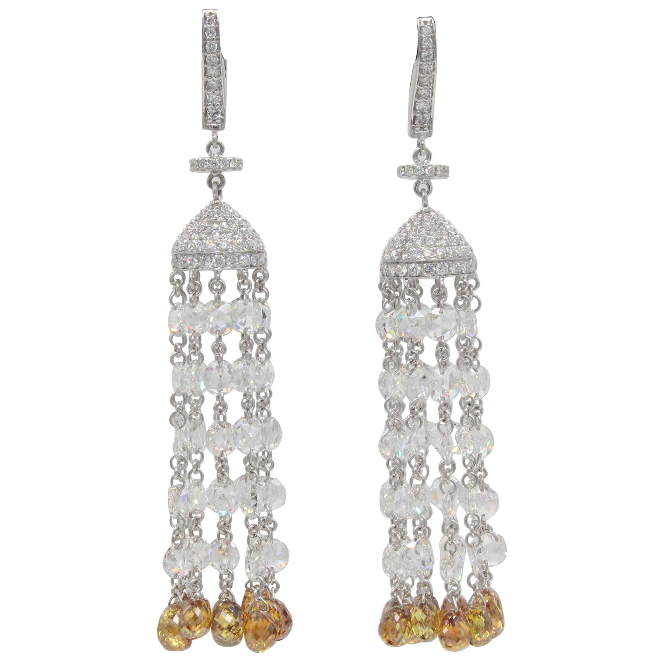 PANIM 17.57 Carats Diamond Rosecut 18K White Gold Tassel Earrings For Sale