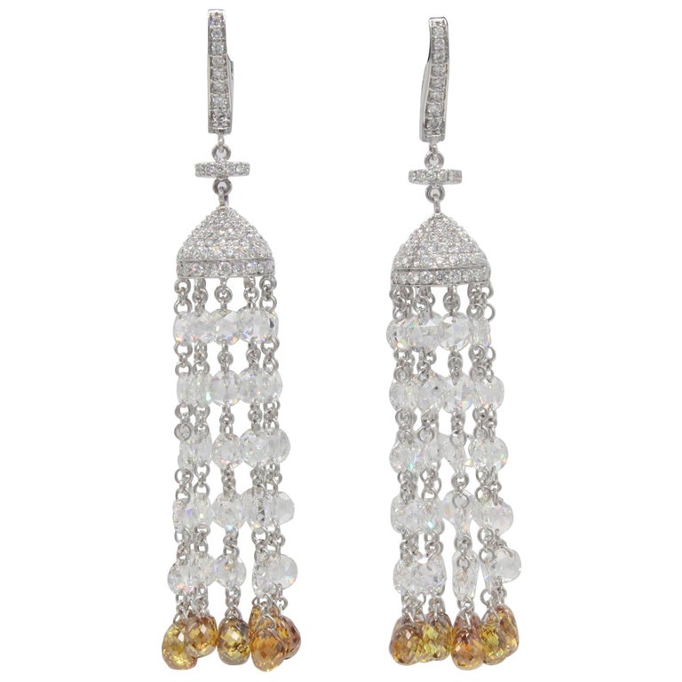 Panim 17.57 Carats Diamond Rosecut 18K White Gold Tassel Earrings For