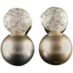 Tahitian Pearl Diamond Accented Gold Earrings 