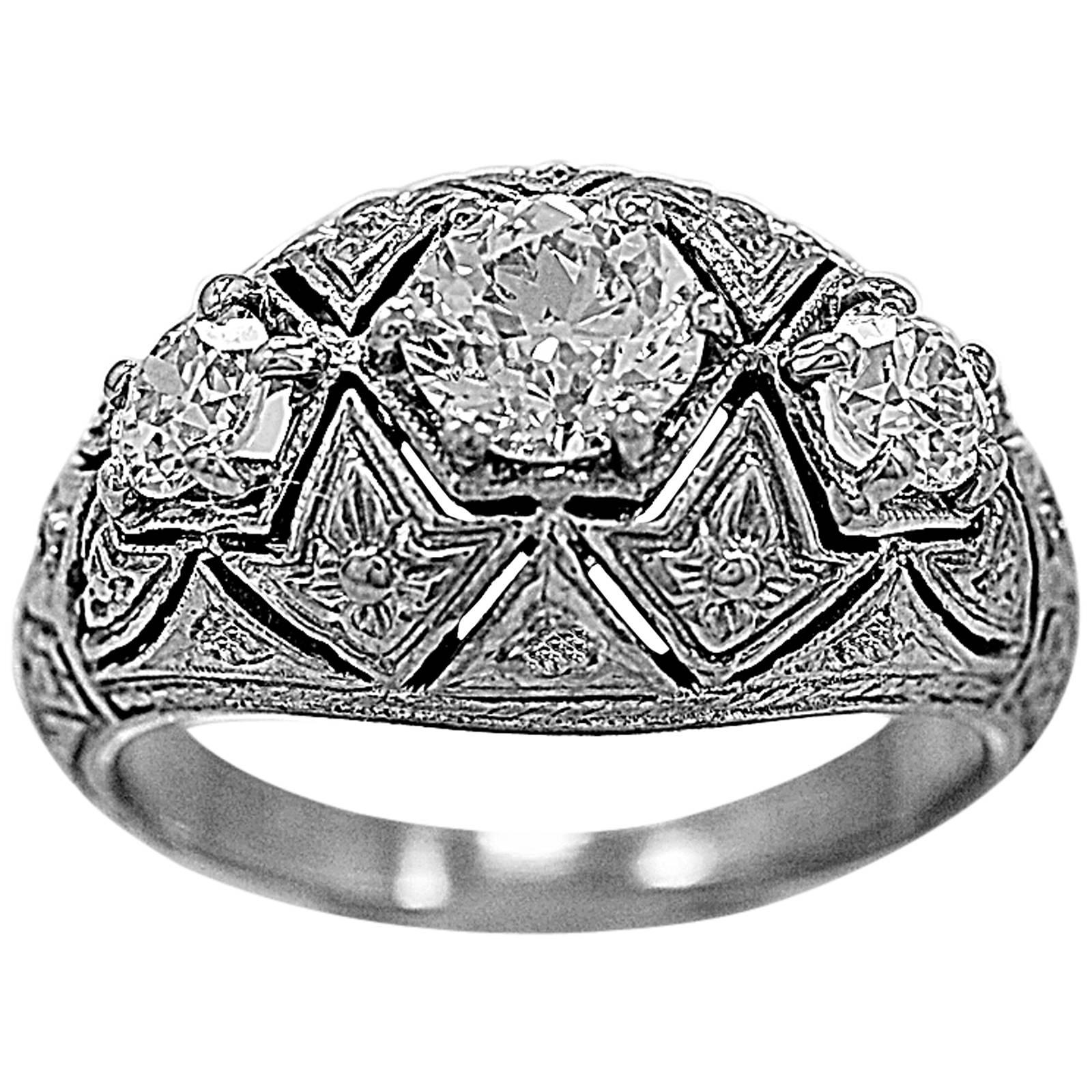 Antique .64 Carat 3 Stone Diamond Gold Ring  For Sale