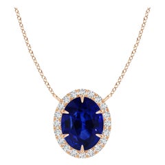 Angara GIA Certified Natural Sapphire Ellipse Halo Rose Gold Pendant Necklace