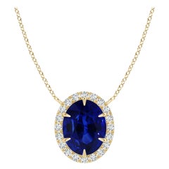 ANGARA Collana con ciondolo in oro giallo con zaffiro naturale certificato GIA Ellipse Halo