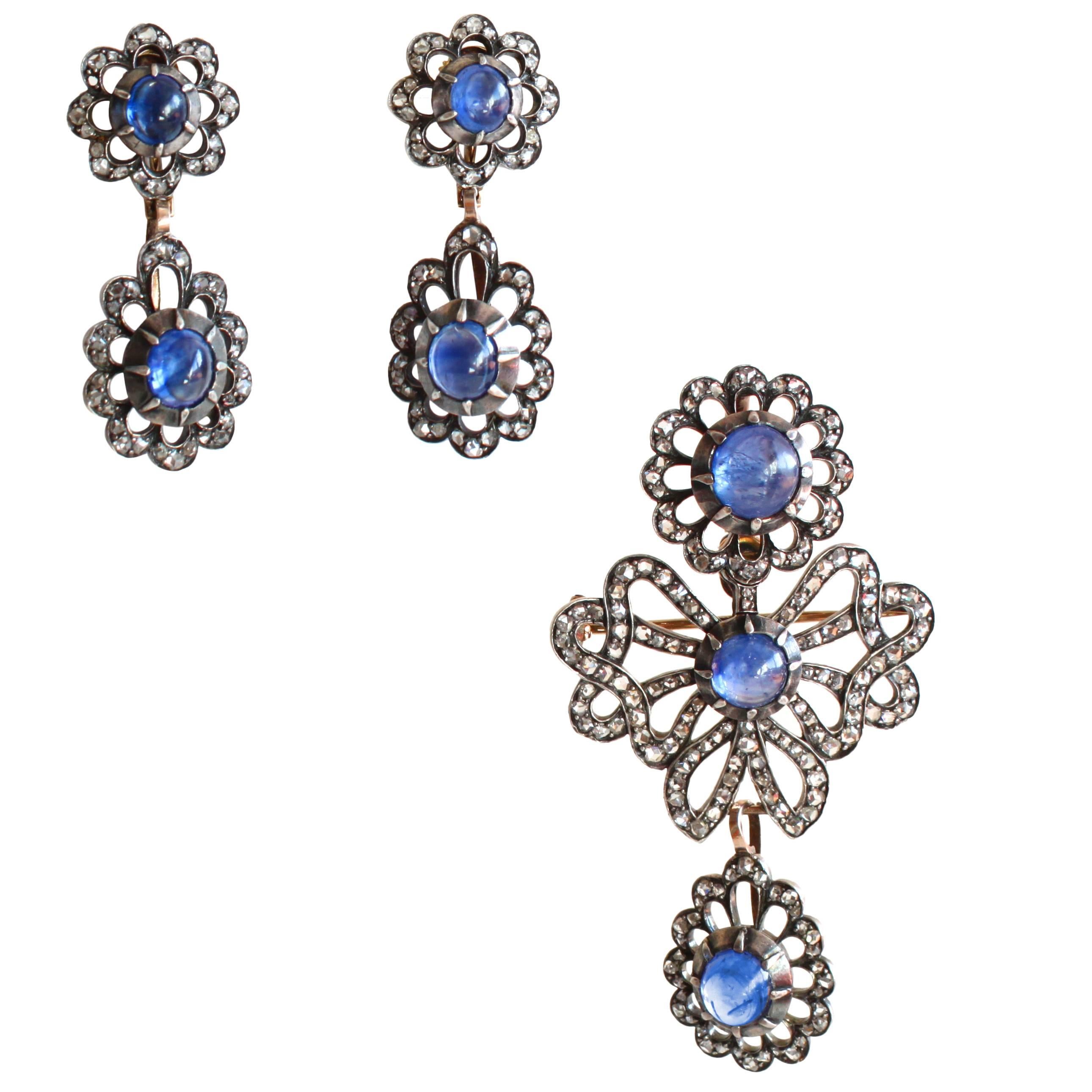 Victorian Sapphire Diamond Silver Gold Earrings Pendant Brooch Set