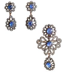 Victorian Sapphire Diamond Silver Gold Earrings Pendant Brooch Set 8