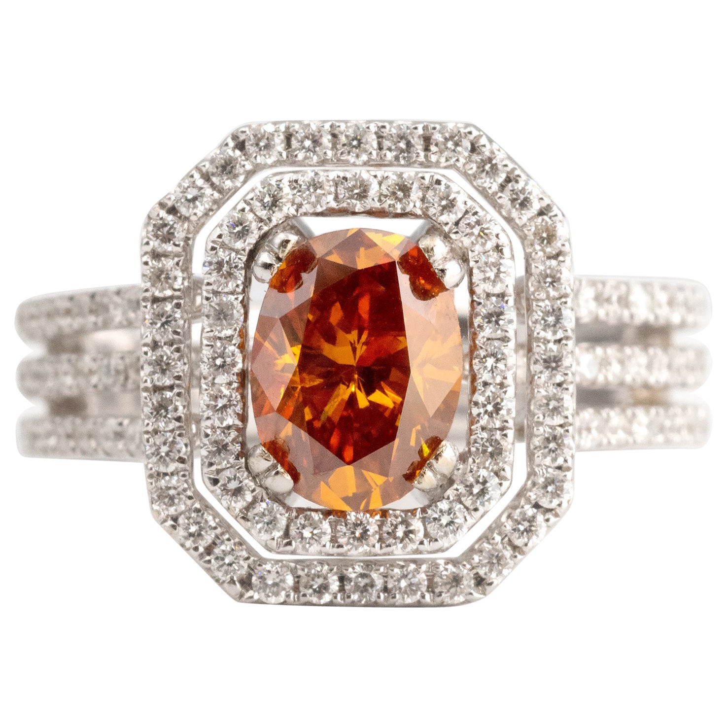 HRD Certified Fancy Vivid Yellowish Orange Diamond Engagement Halo Ring For Sale