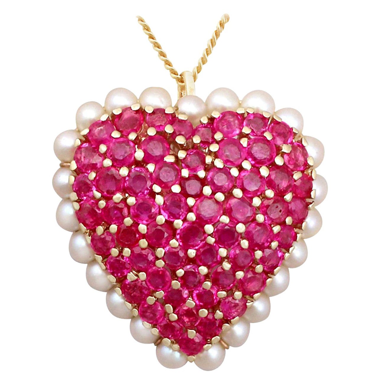 3.36 Carat Ruby and Seed Pearl Yellow Gold Heart Pendant Brooch For Sale
