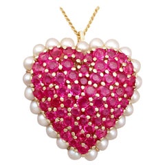 Vintage 3.36 Carat Ruby and Seed Pearl Yellow Gold Heart Pendant Brooch