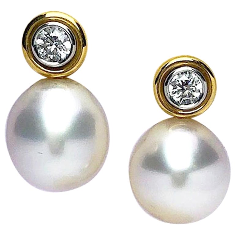 Cellini NYC 18 Karat Yellow Gold South Sea Pearl and Diamond Drop Earrings For Sale