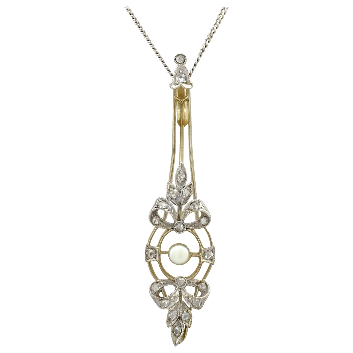 Edwardian Pearl Diamond Yellow Gold and White Gold Set Pendant For Sale
