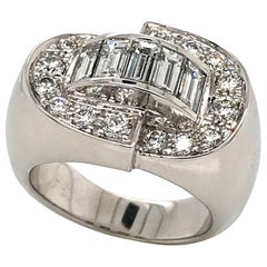 Art Deco Ring White Diamonds Round and Baguettes Cut on White Gold
