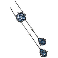 Edwardian Era Belle Epoque Blue Guilloche Enamel Pearl Silver Negligee Necklace