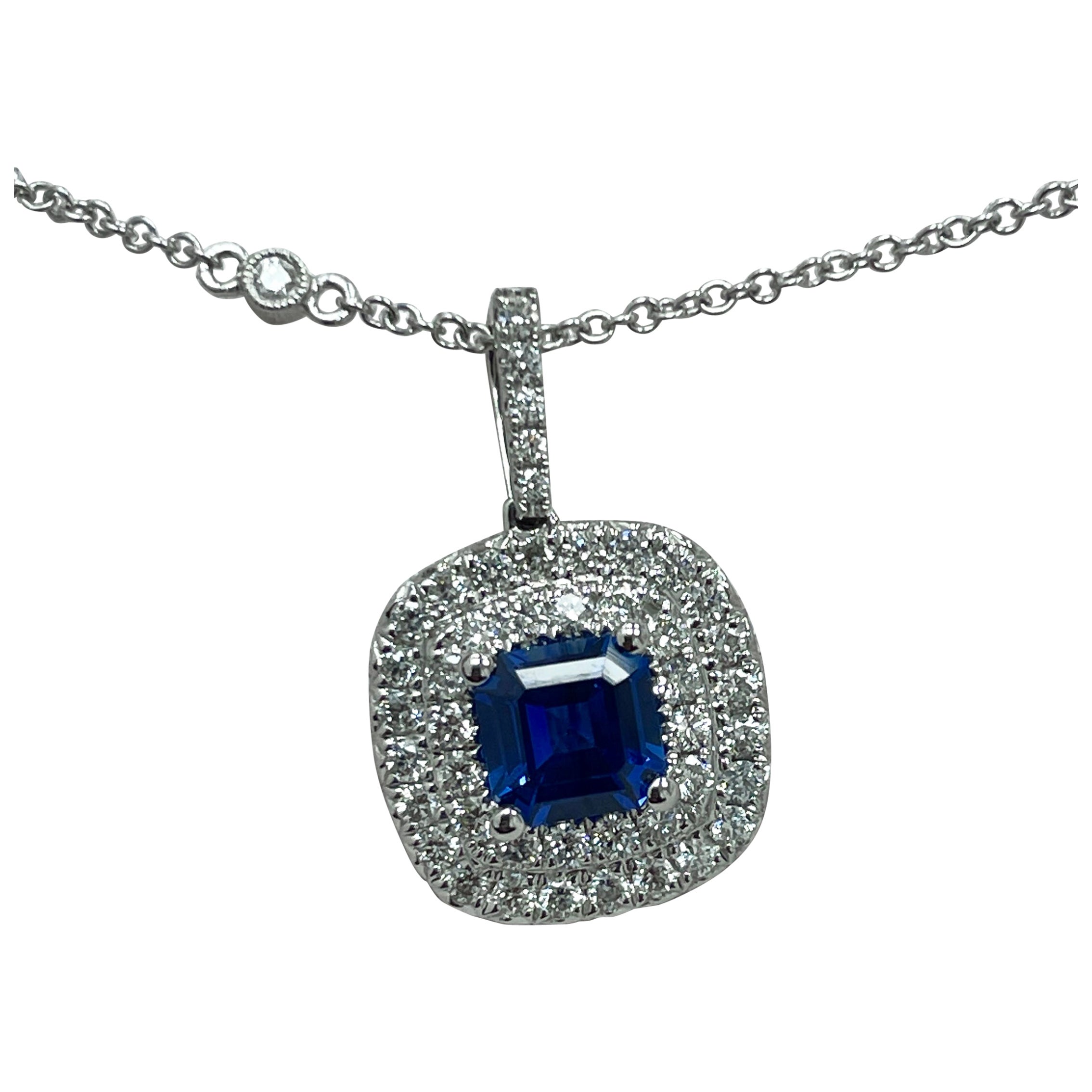 Asscher Cut Sapphire and Diamond White Gold Pendant For Sale