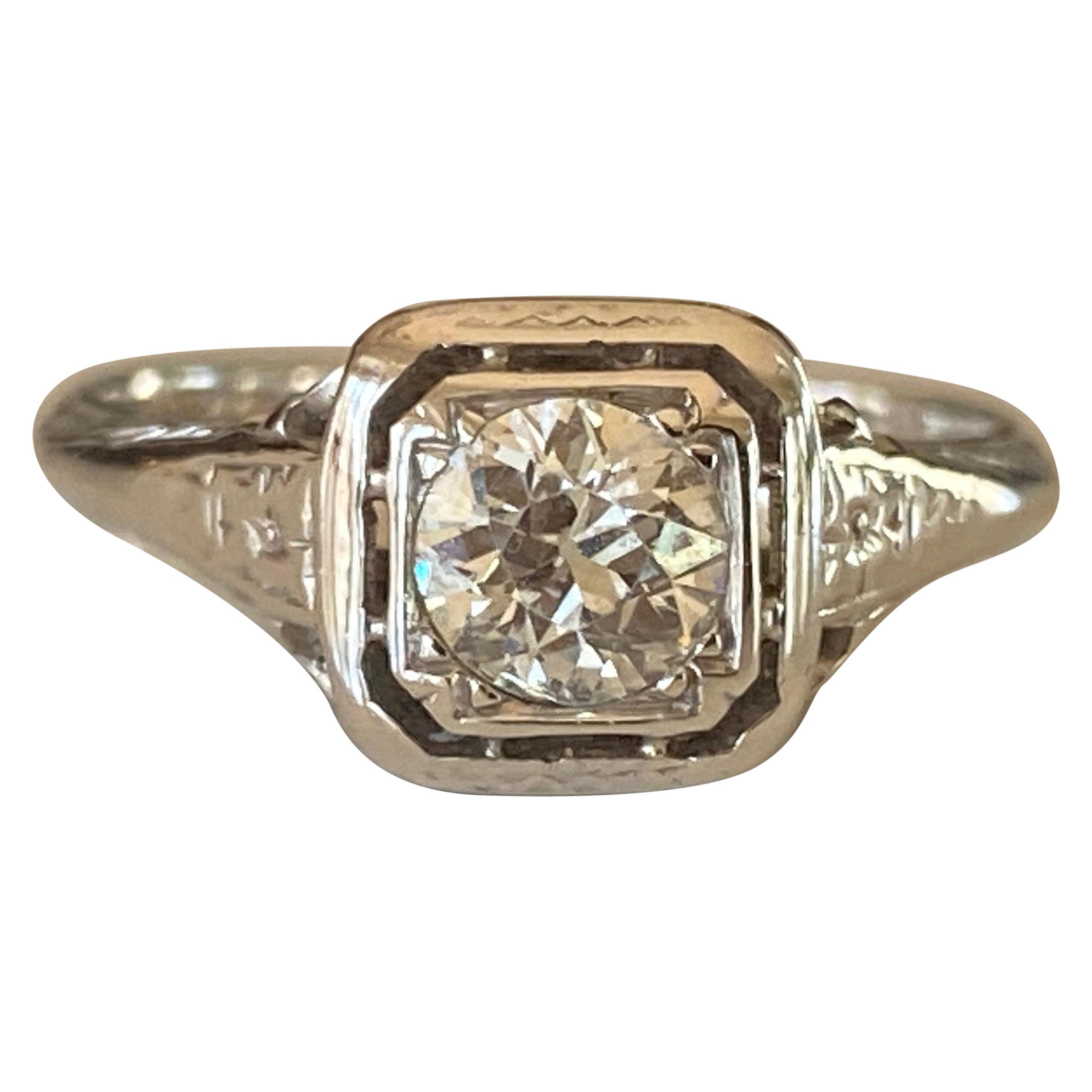 Art Deco Diamond and Filigree Solitaire Ring  For Sale