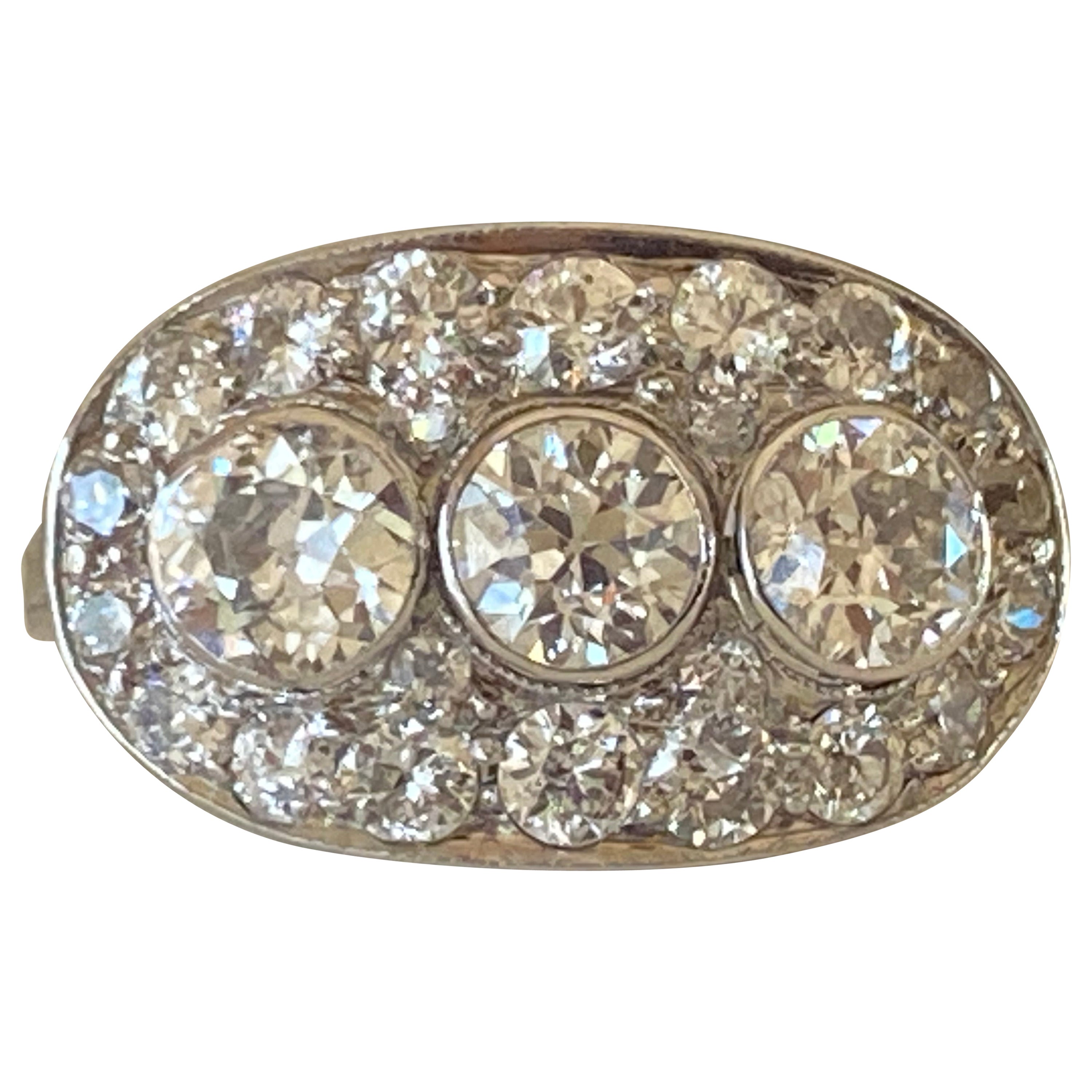 Art Deco Three-Stone Diamond Cluster Ring For Sale