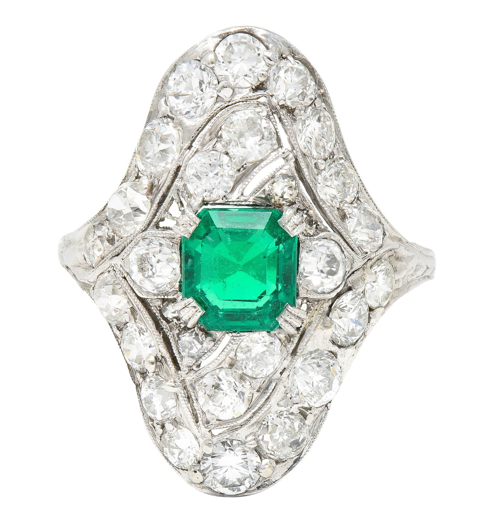 Art Deco 4.31 Ctw Emerald Old European Cut Diamond Platinum Navette Dinner Ring