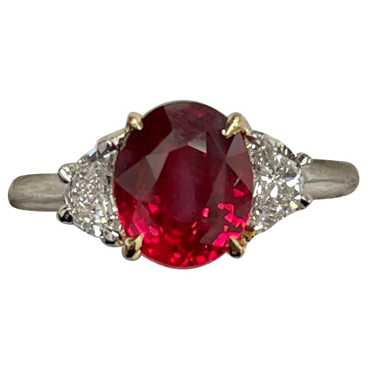 2.06 Carat Oval Ruby & Diamond Platinum Ring with Yellow Gold Basket For Sale