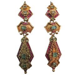 Antique Early Victorian Emerald Ruby & Gold Drop Earrings