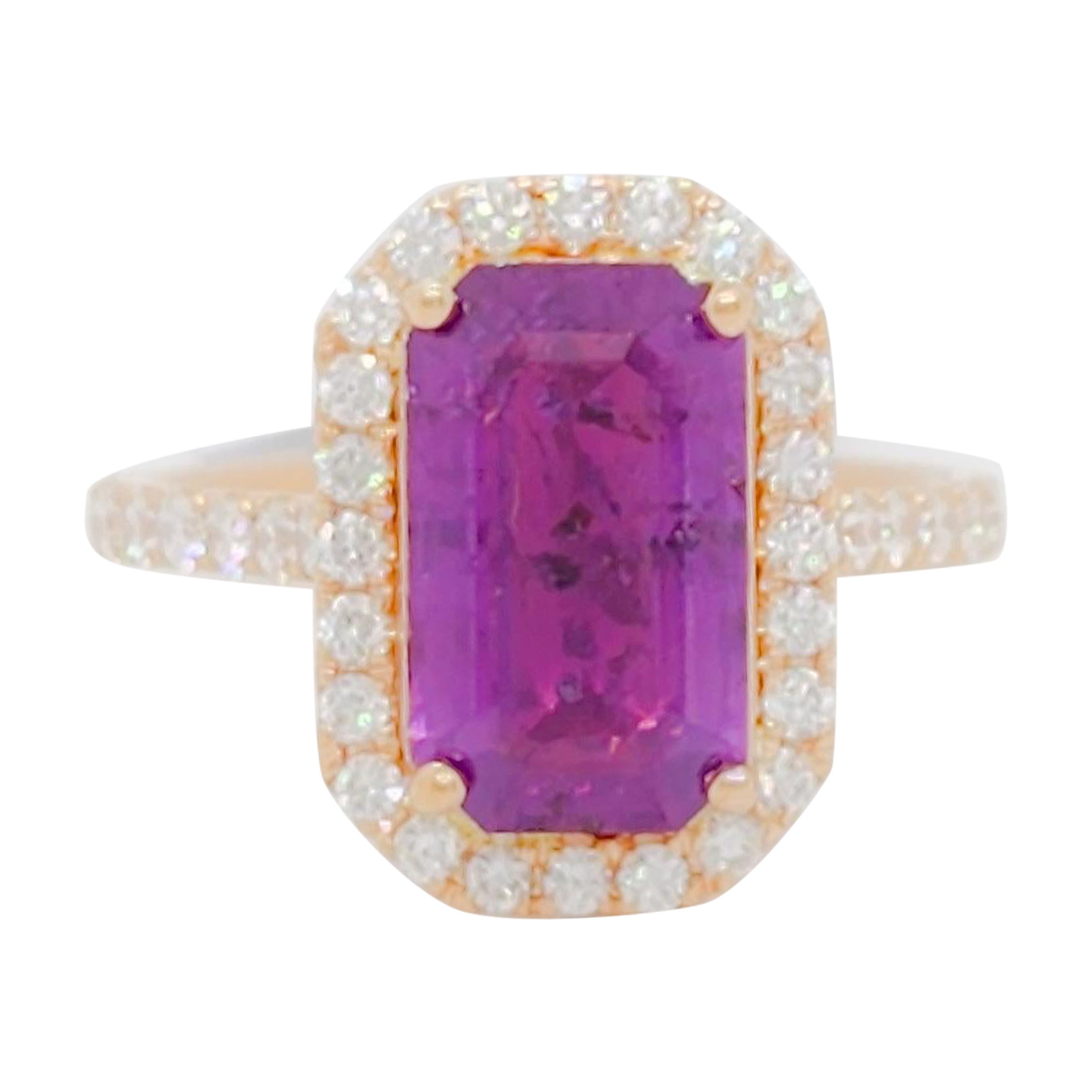 GIA Unheated Sri Lanka Pink Purple Sapphire and Diamond Ring in 18k Rose Gold For Sale