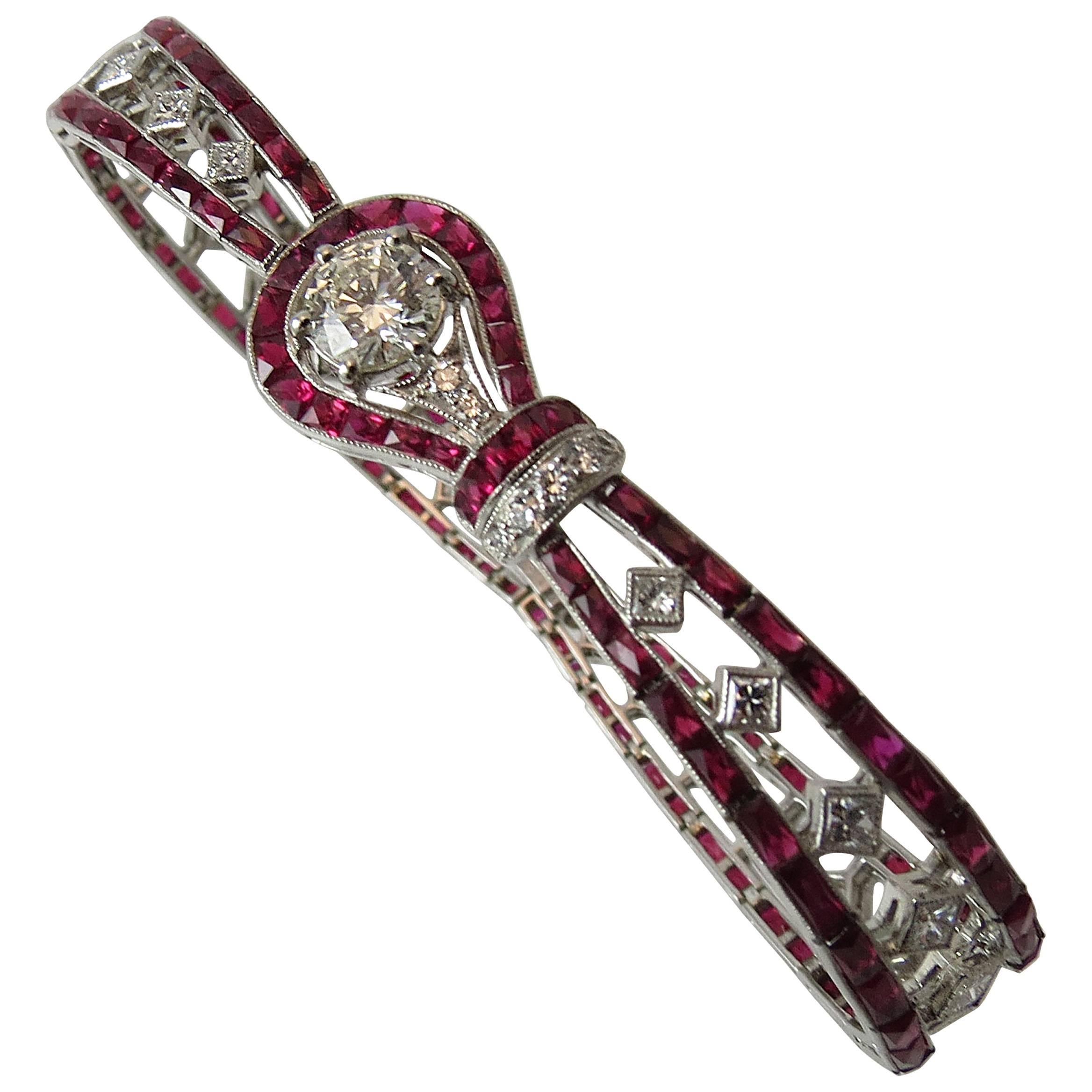 Vintage style platinum bracelet set with 126 rubies weighing 16.67cts and 36 round and princess cut diamonds weighing 1.81cts (center diamond weighs .74cts additional, GH color, SI clarity)